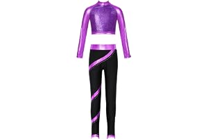 YiZYiF barn träningsoverall 80-tals flicka glitter paljetter crop top metallic leggings set karneval jazz dans hip hop outfit