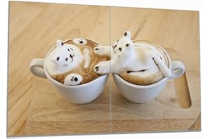 Wallario Herdabdeckplatte/Spritzschutz aus Glas, 2-teilig, 80x52cm, für Ceran- und Induktionsherde, Süße Milchschaum Katzen auf Kaffee