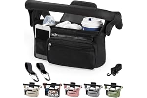 HINATAA Bolsa Organizadora Para Cochecito, Bolso Organizador Carrito Beb con Portavasos Aislado y Correa para el Ajustables Hombro, para Pañales y Juguetes, Cochecito de Bebé con 2 Ganchos (Negro)