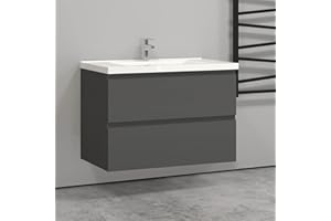 Biubiubath 800mm Wall Hung Basin Vanity Unit Grey 2 Soft Close Drawers 1 Tap Hole Sink Bathroom Toilet Storage Funiture