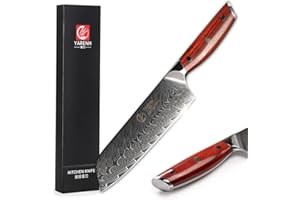 YARENH Couteau Santoku 17cm,couteau de cuisine professionnel,Lame en Acier de Damas 67 Couches,Poignée en Bois, couteaux de cuisine KTF-Série