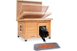 mymax Outdoor Wooden Cat House - Weatherproof Cat House for Outdoor Use - Hinged Roof, Height-Adjustable Feet - 56 x 45 x 43 cm (Brown)