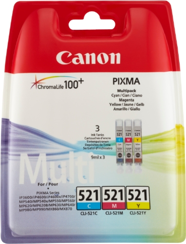 Canon CLI-521 C/M/Y Tintenpatronen (3-er Pack: 3x9ml) cyan/magenta/gelb