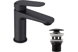 Bathroom Sink Mixer Tap,NEWRAIN Bathroom Basin Taps Mixer Mono Matte Black Brass Single Hole with Pop up Waste