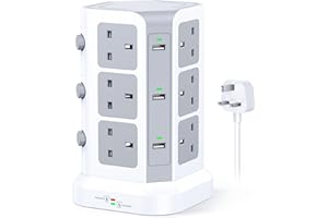 Tower Extension Lead by KOOSLA, [13A 3250W] Surge Protector - 12 AC Outlets & 6 USB Ports Multi Plug Socket Power Strip with Heavy-Duty Extension Cable 2m for Home, Office White