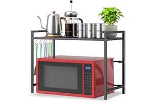 Wintem - Ripiano Salvaspazio Cucina, Scaffale a 2 Livelli Regolabile con Ganci Porta Utensili, Ideale come Ripiano per Microonde, Forno e Alzatina Cucina Salvaspazio