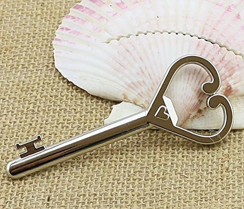 25pcs Large Skeleton Key Shaped Bottle Openers with Heart Silver Wedding Favors Shiny Decoration Table Setting
