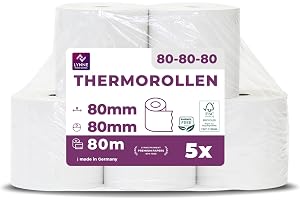 Termollar, 80 mm x 80 m x 12 mm, kassarulor, kvittorullar för kassaskåp med bläckskrivare, termiskt papper, BPA-fri, stor 80 x 80 x 12–80 m (5 rullar