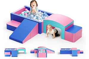 AOYKKII 6 Piece Climb and Crawl Activity Play Set, Soft Play Set for Toddlers 1-3 - Climbing Toys - Baby Climbing Gym Foam - with Slide Stairs and Tunnel (Large Pool-Pinkblue)
