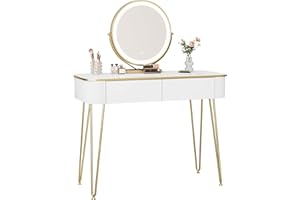 EUGAD Toaletka z lustrem LED, regulowana jasność, biurko z 2 szufladami, białe biurko do makijażu, złote metalowe nogi, blat 100 x 40 cm, nowoczesne meble do sypialni, 0057SZT