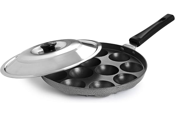 CELLO Aluminium Nonstick 12 Cavity Appam Patra Pan Maker with Steel Lid, Black | Single Bakelite Handle, Gas Stove Compatible