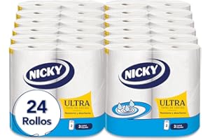 Nicky Ultra Papel de Cocina - 24 Rollos, 75 Hojas de 3 Capas, Papel Superabsorbente y Extrafuerte, Larga Duración, Embalaje A