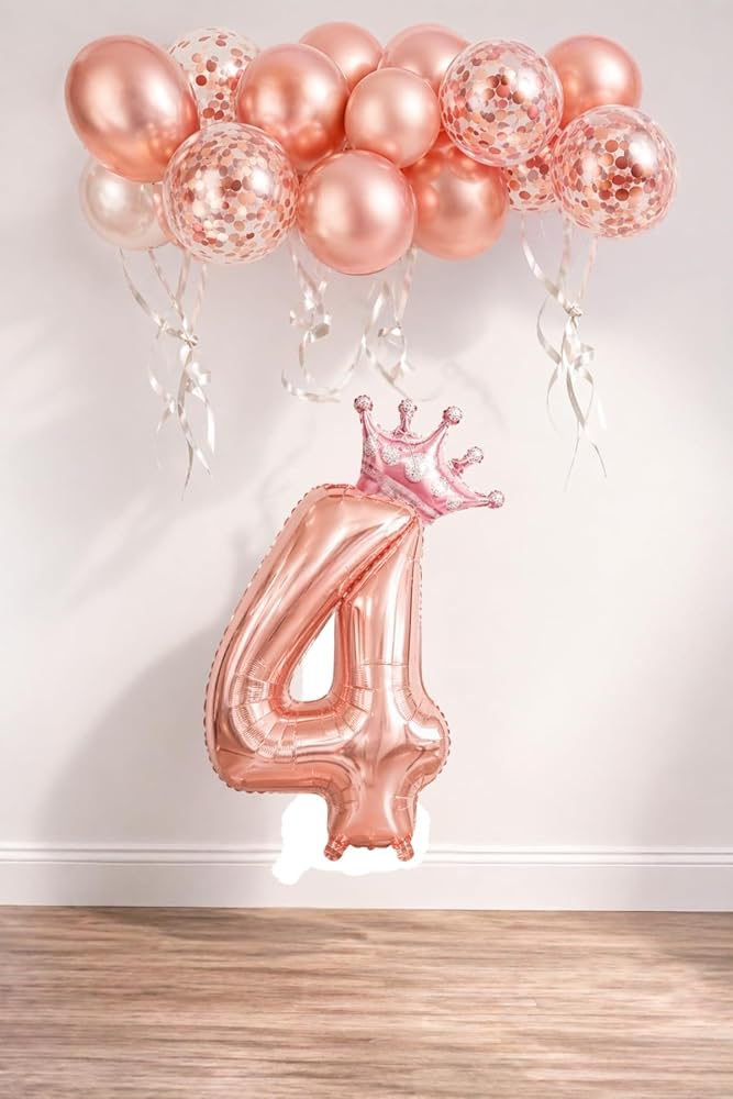 4 Rakam Rose Gold Folyo Balon, Kral Tacı Ve Konfetili Rose Gold Balon