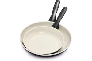 GreenPan Rio Set di Padelle Antiaderente in Ceramica Sana a 2 Pezzi, 20 cm e 26 cm, Senza PFAS, Manico Fredda al Tatto, Sicuro in forno fino a 160°C, Nero e Crema