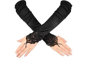 Androxeda Opera Fingerlose Handschuhe 1920er Jahre Flapper Handschuhe Spitze Ellbogenlange Handschuhe Kostüm Fingerlose Handschuhe für Frauen und Mädchen, Schwarz, ca. 32 cm/ 12,6 Zoll