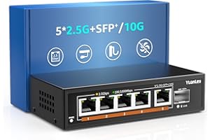 6 Puertos 2.5G Switch Ethernet Umanaged, 5 Puertos 2.5G Base-T, 1 Puertos 10G SFP, Compatible 10/100/1000Mbps, Fanless Pared Conmutador de Red YuanLey 2.5Gbe para Ap Inalámbrico, NAS, PC