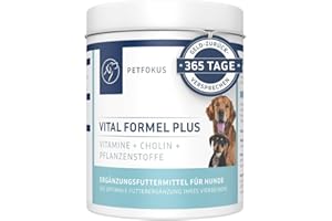 PetFokus Vital Formel Plus | unterstützt Verdauung, strahlendes Fell, Energie & Vitalität | Futterergänzung für Hunde | Vitamine, Mineral- & Pflanzenstoffe I Probiotika & Omega-3 | leckerer Geschmack