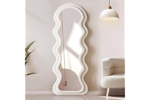 YOSHOOT Specchio a figura intera, 160 x 60 cm, specchio ondulato irregolare, specchio da pavimento ad arco, cornice in legno avvolta in flanella, da appendere o appoggiato alla parete, per camera da