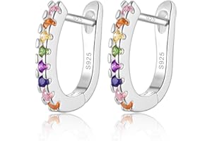USEEDOVIA Sterling Silver Hoop Earrings for Girls Women,Hypoallergenic Mini Small Huggie Hoop Earrings丨Rainbow Cubic Zirconia Hoops Earrings Gift for Her