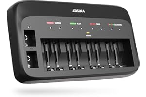 ABSINA Akku Ladegerät X10 für AA, AAA & 9V - Akkuladegerät 10-Fach zum Laden von wiederaufladbaren Akkus - NiMH Ladegerät Akku für AAA, AA & 9V