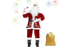 murjun 12 teilig Weihnachtsmann Kostüm Herren, Nikolauskostüm Santa Claus Costume Erwachsene Weihnachtsanzug Weihnachten Partei Cosplay Roter Deluxe Samt Mottoparty Karneval Cosplay