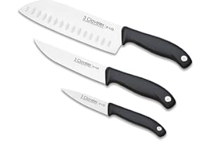 3 Claveles EVO - Set Cuchillos, Verduras 9cm + Cocina 13,5cm + Santoku 18cm, Acero Inoxidable, mango polipropileno, ligero y resistente