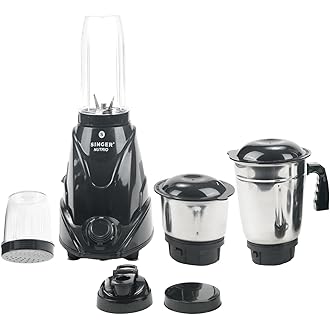 SINGER Nutrio Mixer Grinder with 4 Jars | 500-watt | 3 speed Control with Incher | Shock Proof ABS Body | ISI Mark | 2 Years Warranty | Black