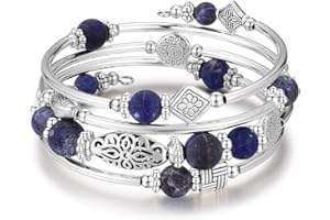BULINLIN Beaded Silver Bangle Wrap Bracelet for Her, Layered Bohemian Bracelets with Natural Stone, Jewellery Gifts for Women Ladies