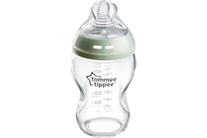 Tommee Tippee Closer to Nature Glass Baby Bottle, Slow Flow Breast-Like Teat with Anti-Colic Valve, 250ml, Pack of 1, Clear