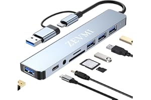 ZEVMI USB Hub 3.0 2.0 USB-C Hub 8 Port: USB Verteiler, USB C Verlängerung Multiport Adapter mit Speicherkarte Kartenleser, TF, Audio Anschlüsse - Erweitern Sie Ihre Laptop, MacBook, PC, USB Stick und Mehr