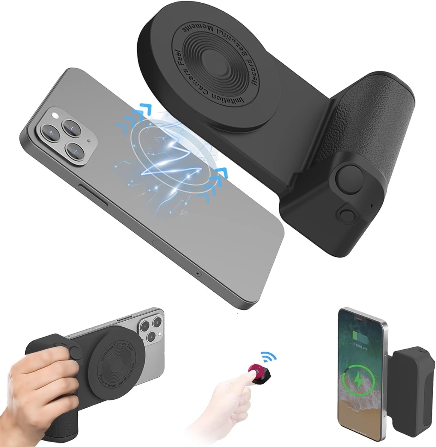 SHOPONIL Selfie Phone Grip, 2-in-1 Magnetic Camera Grip Handle Holder with Detachable Wireless/Bluetooth Remote Shutter Mobile Gimbal for Photos, Vlog and Video Shooting -Detachable Remote