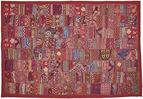 Decorative Indian Wall Hanging With Graceful Sequins Mirrors, Zari Silk Thread Embroidery & Multicolor Old Sari Patchwork Tapestry, 152 X 101 Cm