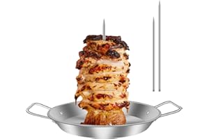 ALONGEN Brochettes verticales en acier inoxydable pour barbecue avec 3 pointes de rechange, grille de cuisson brésilienne avec plateau d'égouttement pour poulet entier, poisson, saucisse, steak