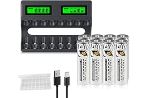 Mspalocell Zestaw 8 akumulatorów litowych AA z ładowarką, 8 gniazd USB C Niezależne ładowanie typu C Inteligentna szybka ładowarka LCD do akumulatorów AA 1,5 V litowych, akumulatory AA