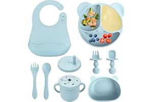 VIRIECH Baby Geschirrset, Kindergeschirr-Set mit Saugnapf, Silikon Baby Entwöhnungszubehör inklusive wasserdichtem Babylätzchen, Löffel, Gabel, Schüssel, Becher, Trinklernbecher und Teller (9, Blau)