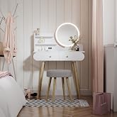 Vicco Dressing Table Edda, White 80 cm | ✓ LED Mirror &middot; ✓ Stool &middot; 2 Drawers &middot; Floor &middot; Tabletop Round Mirror