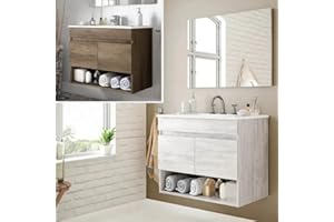 Bagno Italia Mobile bagno da 80 cm sospeso colore Rovere sbiancato con lavabo e specchio arredo moderno mobili