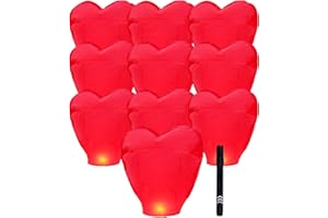 GETJOY 10PCS Chinese Lanterns, Lanterns to Release in Memory, Red Heart Shape Flying Lanterns Set with Marker Pen, Memorial Paper Lanterns for Weddings Birthdays Special Occasions, for Outdoor Ceremonies