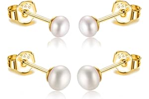 CANDYFANCY Orecchini con perle d'acqua dolce, piccoli mini 3 mm, 4 mm, 5 mm, vere perle d'acqua dolce coltivate in argento sterling 925, placcati in oro, per ragazze