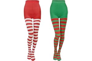 Apragaz Women's Christmas Striped Tights, Red & White, Red & Green, One Size (Approx. 43.3 Inches, Waist 18.1 - 42 Inches), Opaque, 2 Pairs