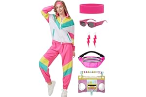 Coseaon 80s 90s Outfit Women's Tracksuit Jacket Trousers Suit 80s Retro Clothing Accessory 80s Costume Halloween Carnival Party (Pink-White, S)
