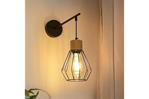 Mckalen Applique Murale Intérieure Bois E27, Lampe Murale Vintage Industrielle Métal, Nordique Luminaire Murale Noire Rétro Cage pour Chambre Salle à Manger Salon Couloir(Ampoule Non Incluse)