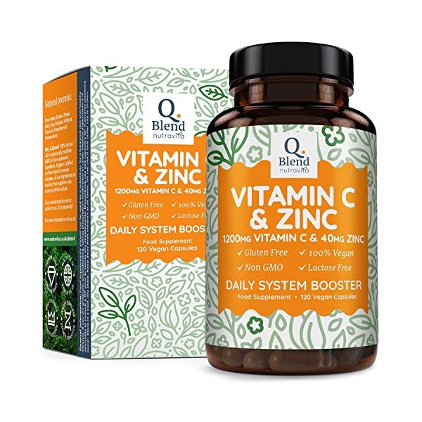 Vitamin C 1200mg & Zinc 40mg per Daily Serving - Maintenance of Normal Immune System - 120 Vegetarian Capsules with Ascorbic Acid - 3 Month Supply - Made in The UK by Nutravita