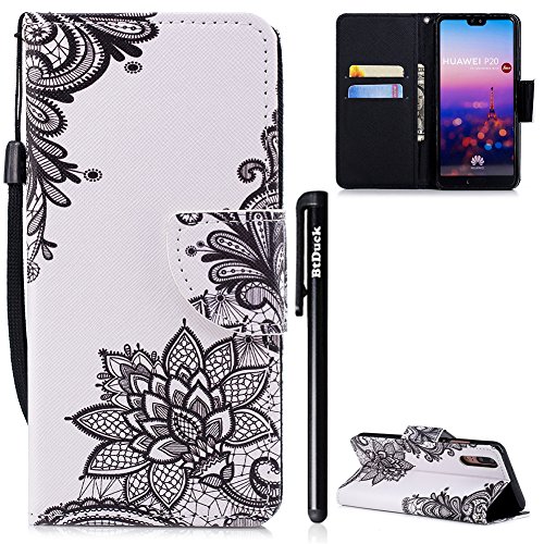Phone Case for HUAWEI P20,HUAWEI P20 Case,BtDuck Leather Case Shockproof Leather Stand Flip Cover Phone Protective Wallet Leather Case Purple with Cards Slots Vintage Pattern Case Blue Slim Soft Silicone Inner Holster Butterfly Leather Case Cat Flip Folio Phone Case Pink Cover PU Slim Fit Phone Protector Magnetic Closure Case Marble for HUAWEI P20 + 1 x Black Touch Pen[NOT FOR HUAWEI P20 Lite]