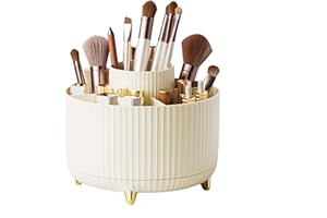 DASITON Large Capacity Makeup Brush Holder,360° Rotating Makeup Organizer,5 Slot Makeup Brushes Cup,for Vanity Decor,Bathroom Countertops,Desk Storage Container,Cosmetic Display Cases(Cream)