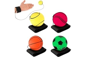 DSLSQD 4 Pieces Wrist Return Ball, 2 Inch Rubber Rebound Ball Wristband On A String Sports Wrist Ball Includes Basketball, Baseball and Football for Teens Adults Wrist Exercise or Play(Fluorescent)