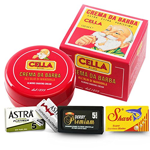 Cella Sapone da barba alla mandorla 150ml - 15 Lamette da barba - Derby Premium Black Label - Astra Superior Platinum - Shark Super Stainless