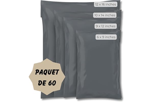Double Dragon 60 Mixed Size Self-Seal Mailer Bags | Tamper-Proof Plastic Packaging for Mailing, Postage, Shipping & Delivery | Grey (4 Sizes | Small to Large | 15 Each)