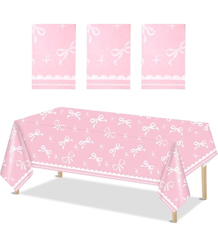 2 Nappes à Nœud Rose Coquette 2,74x1,37 M - Nappe PE Imperméable Pour Baby Shower, Anniversaire Fille, Fête