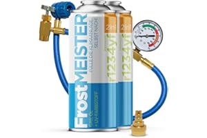 FrostMEISTER 2-in-1 Car Air Conditioner Refill Kit (2 x 400 ml Can + Hose with Pressure Gauge & Adapter) - For R1234yf (from 2017), Quick, Easy & Environmentally Friendly Application